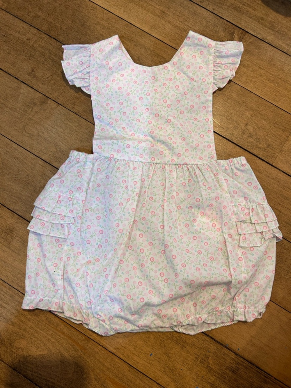 Petit Ami White Bubble Sunsuit with Pink & Light Green Floral Print